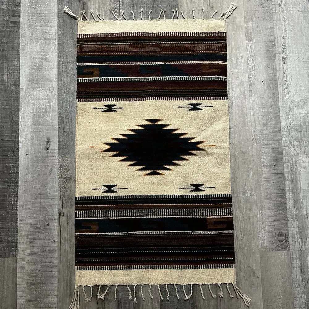 Southwestern Mexico Area Rug Tan Black Red Woven Wool Fringe Edge Wall Hanging